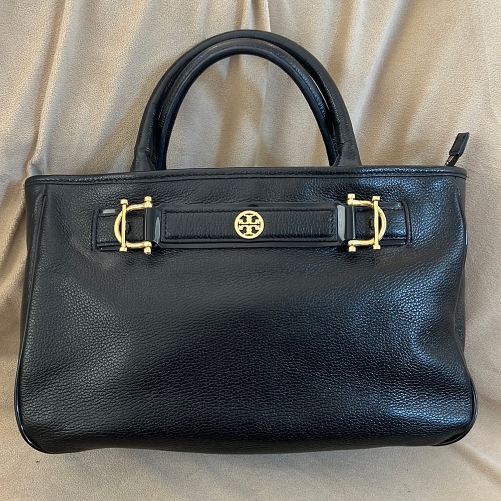 Tory Burch Horsebit Jaden Black Soft Pebbled Leather Satchel